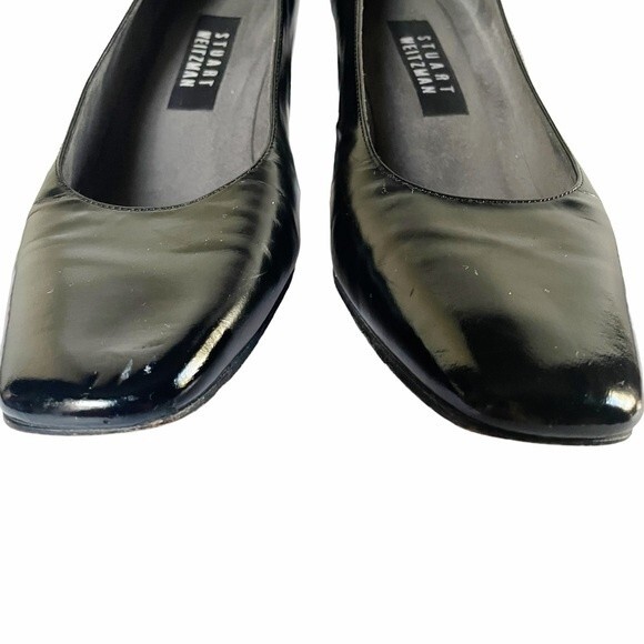 Stuart Weitzman Black Polished Leather Square Toe Block Heel Women’s Size 8W - Picture 13 of 14